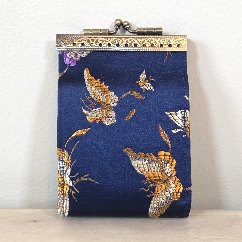 Cathayana Wallet RFID Butterfly Brocade Card Holder Navy Blue Metal Kiss Clasp